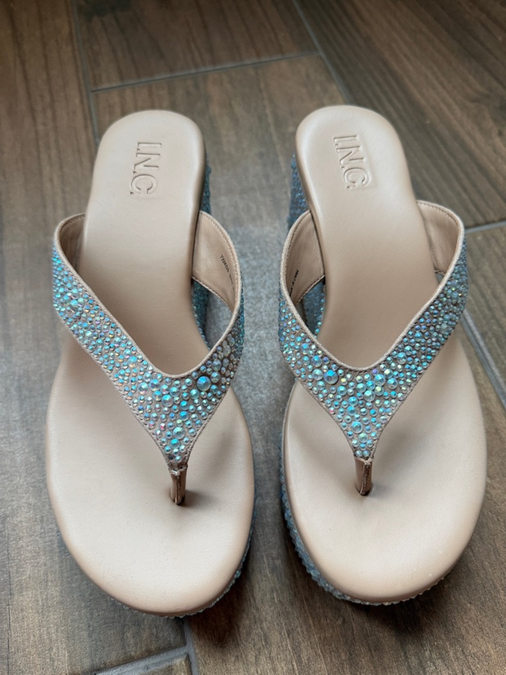 INC International Concepts Nude Crystal Embellished Wedge Sandals - Picture 2 of 11